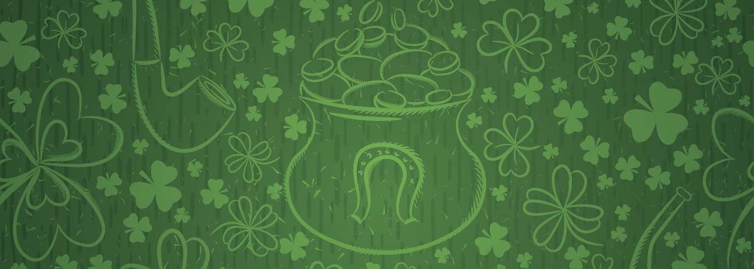 Green background for Patricks day with ber mug, hat, horseshoe
